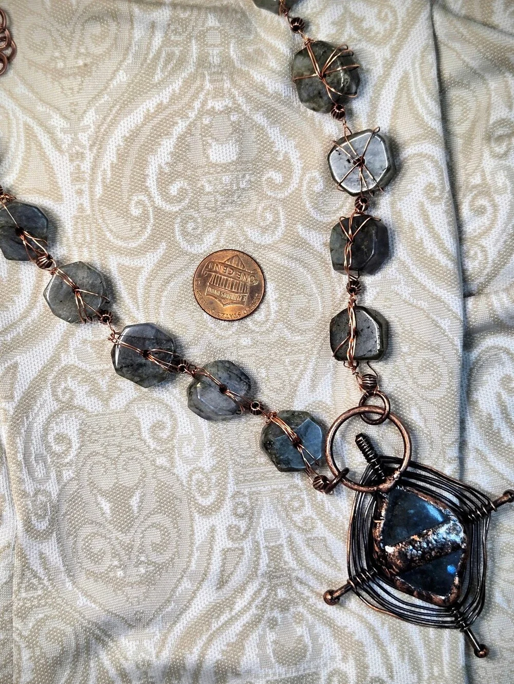 Handmade Natural Wheel Labradorite & Pendant Wire Wrapped Artisan Made Necklace